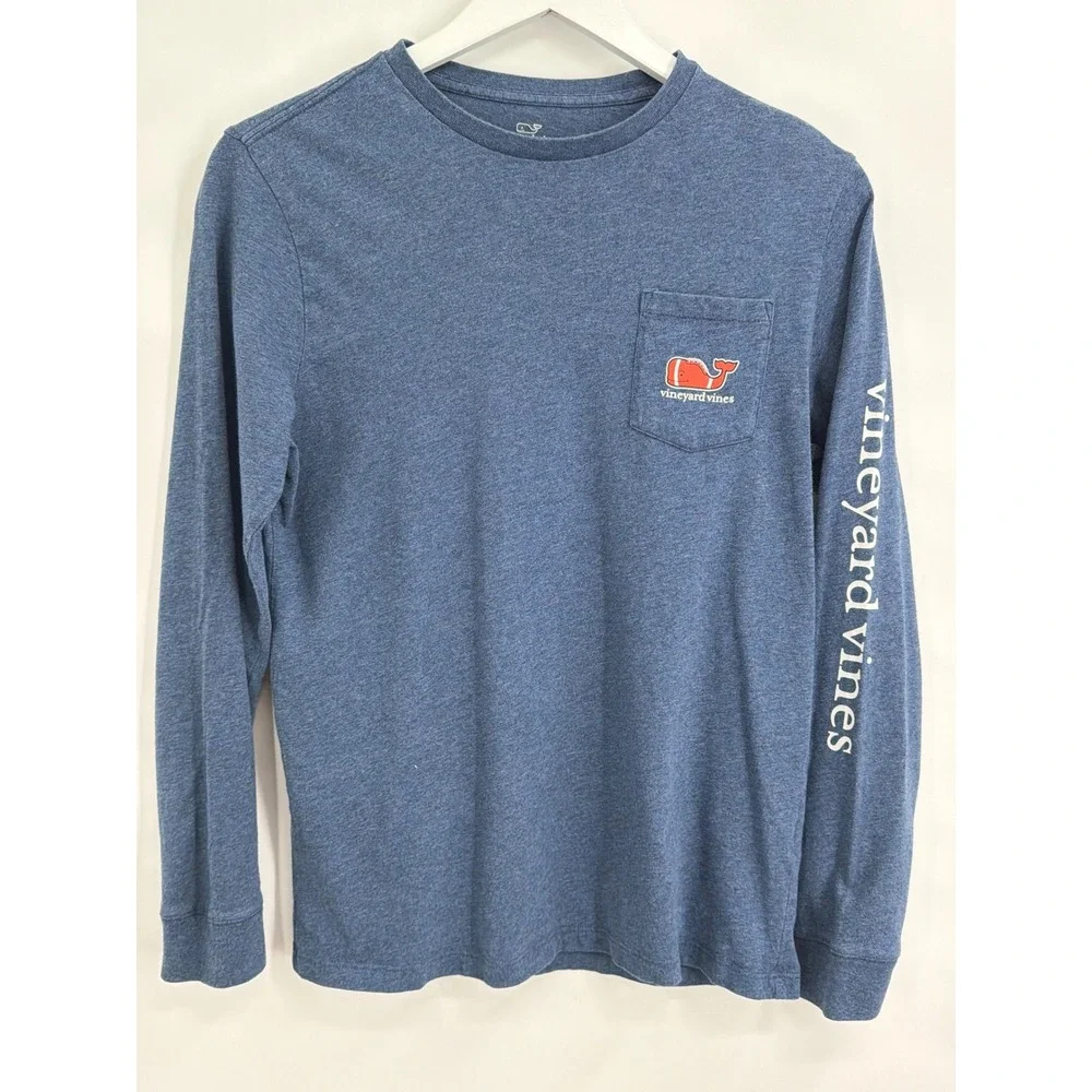 Vineyard‎ Vines Boys Blue Football Whale Long Sleeve Pocket T-Shirt Size L 16